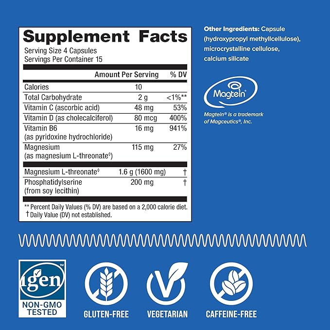 Natural Vitality Focus, Magnesium L-Threonate and Phosphatidylserine Nootropic Brain Supplements for Memory, Focus, and Cognition, Gluten Free, Vegetarian, 60 Capsules