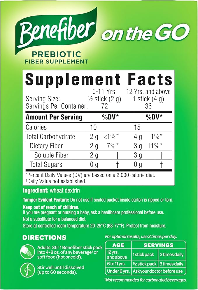 Benefiber On The Go Prebiotic Fiber Supplement Powder for Digestive Health, Daily Powder, Unflavored Stick Packs - 36 Sticks (Pack of 2)