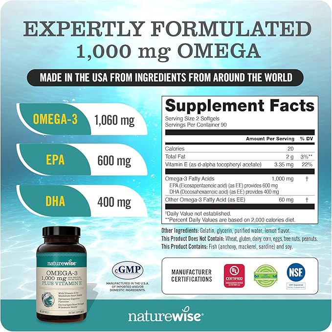 NatureWise High-Potency 1000mg Omega 3 600mg EPA 400mg DHA Vitamin E 180ct & 1000mcg Vitamin B12 150 Softgels Supplement Bundle