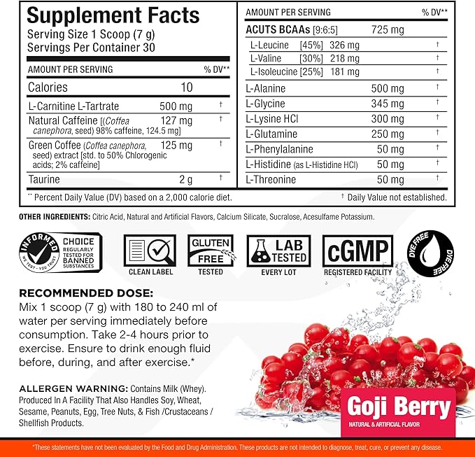 ALLMAX Nutrition AMINOCUTS (ACUTS), Amino-Charged Energy Drink with Taurine, L-Carnitine, Green Coffee Bean Extract, Goji Berry Martini, 30 Servings