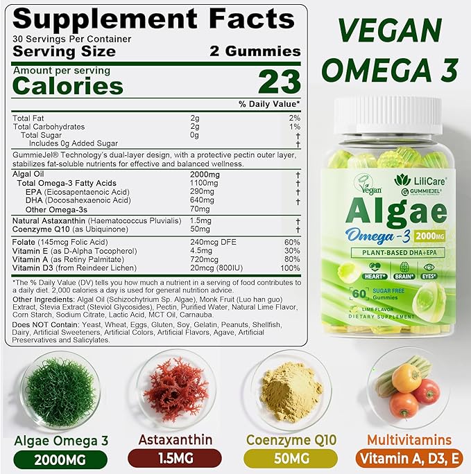 Vegan Omega 3 Supplement Gummies 1000mg for Women & Men, Omega 3 Fish Oil Alternative w/CoQ10, Astaxanthin, Vitamin A, E, D3 for Brain, Eye, Antioxidant - Algae DHA 640mg & EPA 290mg, Sugar Free 1Pack