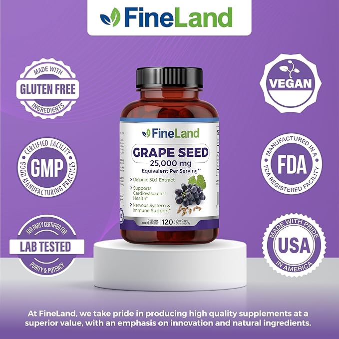 FineLand Grape Seed 50:1 Extract, Premium Max Strength, 25,000 mg Eq., Antioxidant Powerhouse, Heart Support, Immune Support, Grape Seed Extract Capsules 120, 4 Month Supply, 100% Vegan, All Natural