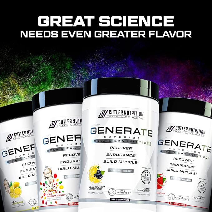 Cutler Nutrition Generate EAA and BCAA Powder: Best Branched Chain Amino Acids Supplement with Essential Amino Acids, 5g BCAAs, 2g EAAs for Lean Muscle Mass | Sour Lemonade, 30 Servings
