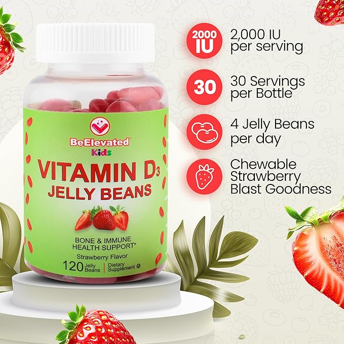 Vitamin D3 Jelly Beans - Chewable Vitamins Gummies for Kids Immune Support - Multivitamin Supplements for Bone & Joint Support - 2,000 IU Vegetarian Gummy - 120 Strawberry Flavor Beans