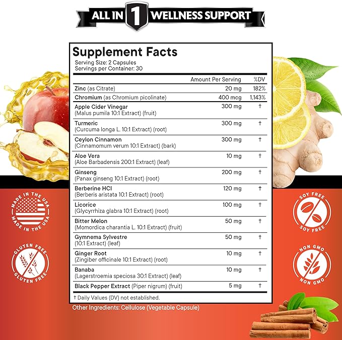 Ceylon Cinnamon, Turmeric, Apple Cider Vinegar, Ginseng, Aloe Vera, Berberine Plus Banaba, Ginger Root - 180 Count