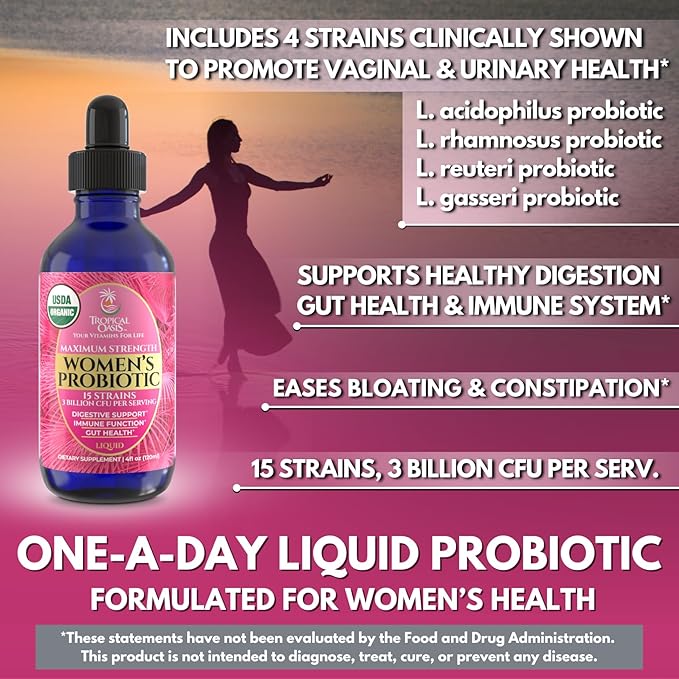 Tropical Oasis USDA Organic Liquid Probiotic for Women | Digestive Support & Gut Health | Liquid Vitamins for Women | 98% Absorption | Vegan, Non-GMO | 40 Servings