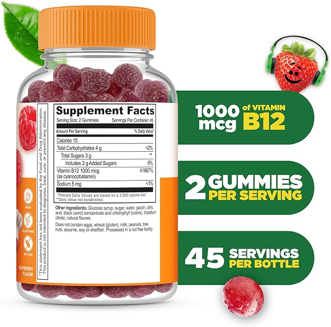 Lifeable Vitamin B12 for Kids | 1000 mcg | Great Tasting Vitamin B12 Gummies | Gluten Free, Vegan B12 Vitamins | B12 Vitamins for Energy, Mood and Nervous System Support | 90 Gummies