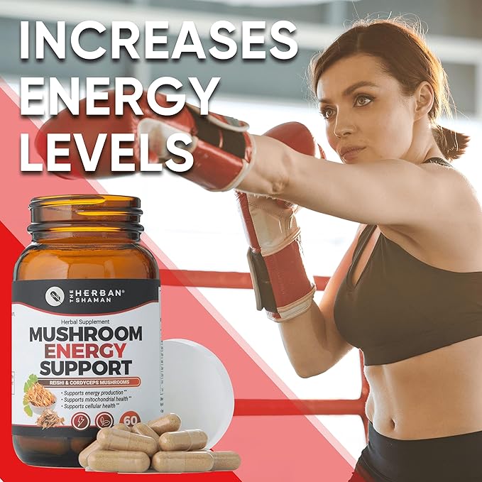 Mushroom Supplement Energy Support | Organic Mushroom Herbal Capsules with Reishi, Ginkgo, Rhodiola, Maca, Chinese Ginseng, CoQ10 + More (60 Capsules)