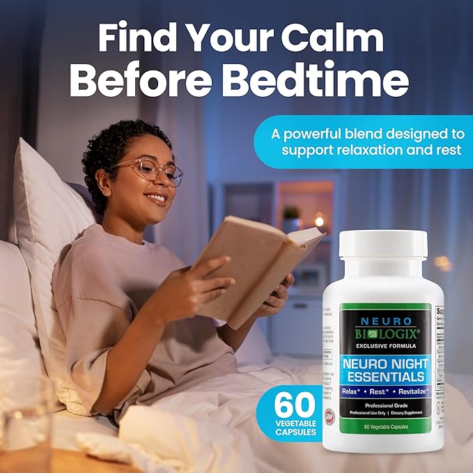 Neuro Night Essentials – Natural Nighttime Support with GABA, Melatonin, Valerian Root, LTheanine, Magnesium & More – Promotes Relaxation, Mood Balance & Rest – 60 Veg Capsules – Made in The USA