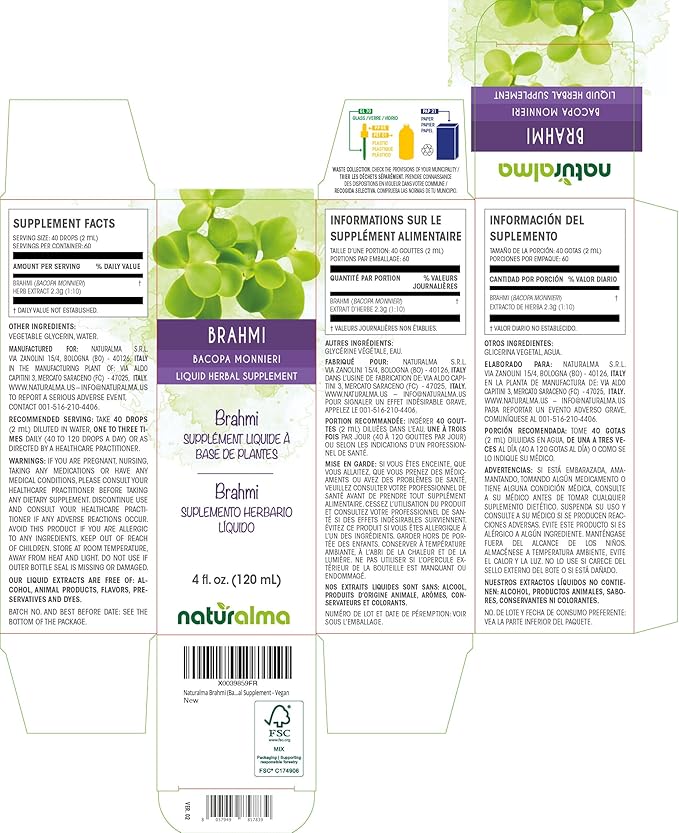 Naturalma Brahmi (Bacopa monnieri) herb Alcohol-Free Tincture - 4 fl oz Liquid Extract in Drops - Herbal Supplement - Vegan