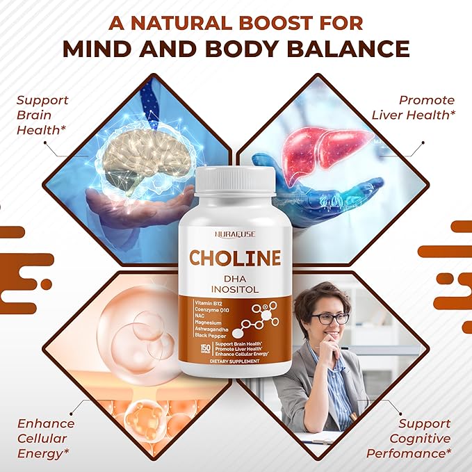 Choline with DHA, Inositol, Vitamin B12, Coenzyme Q10, NAC, Magnesium, Ashwagandha – Supports Brain Health, Promotes Liver Health – Made in The USA
