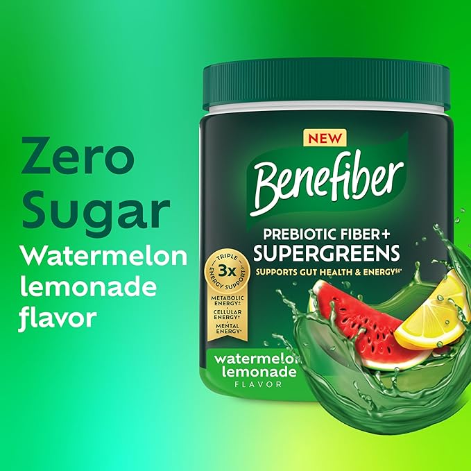 Benefiber Prebiotic Fiber + Supergreens Dietary Supplement Powder, Watermelon Lemonade Flavor, 8.8 oz (250g), 25 Day Supply