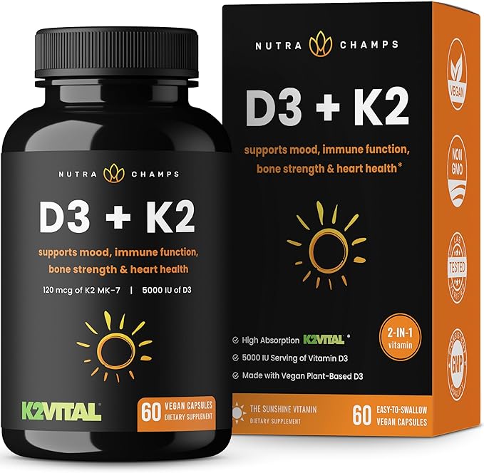 NutraChamps D3 with K2 MK7 Supplement for Heart & Bone Health | Vitamin D & K Complex | 5000 IU of Vitamin D 3 & 100 mcg of Vitamin K 2 MK-7 | 60 Vitamin K2 D3 Capsules