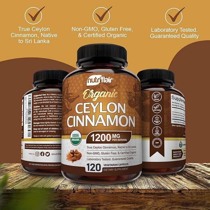 NutriFlair Organic Ceylon Cinnamon Supplement 1200mg, 120 Capsules - USDA Certified - Non-GMO, Gluten Free Powder, Antioxidant Pills