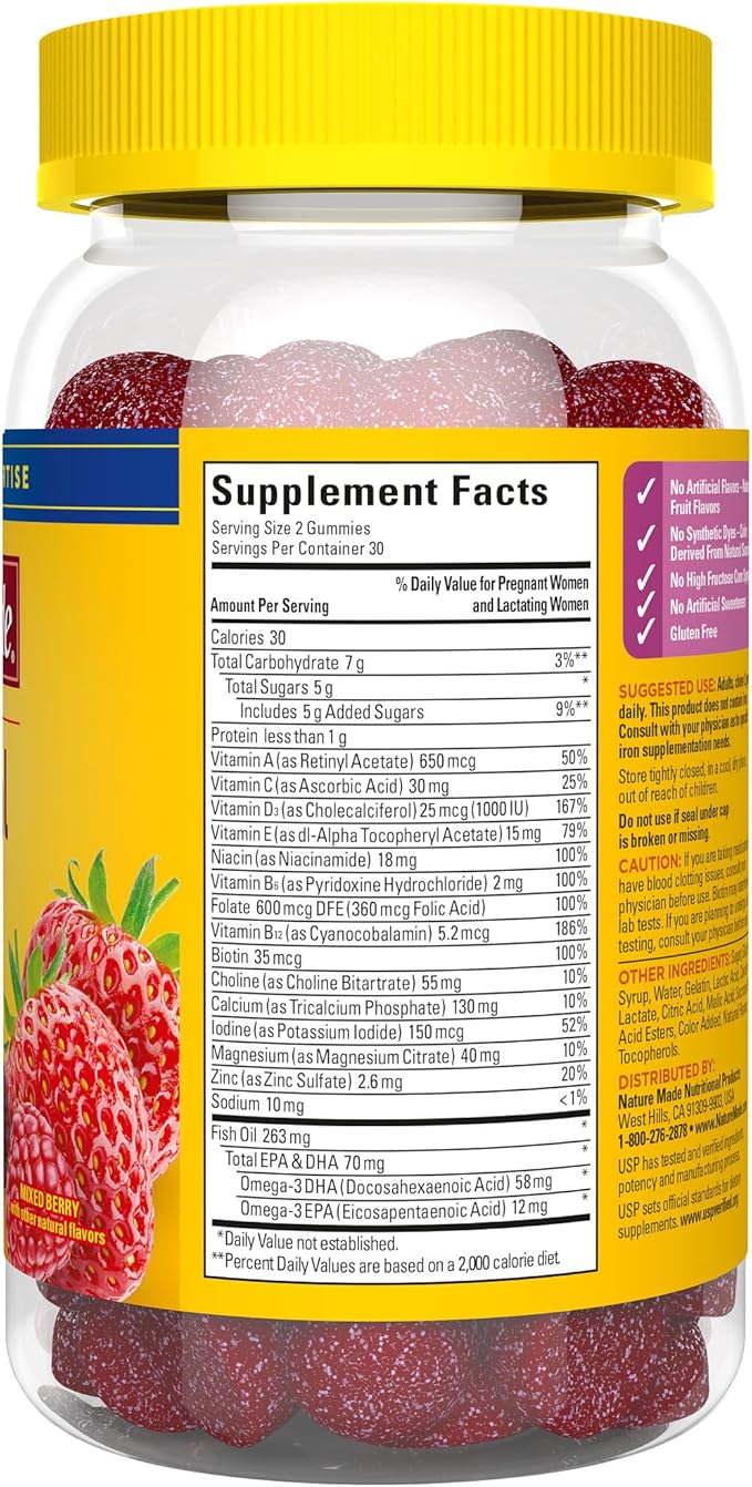 Nature Made Prenatal Gummies with DHA and Folic Acid, Prenatal Vitamin and Mineral Supplement for Daily Nutritional Support, 60 Gummies, 30 Day Supply