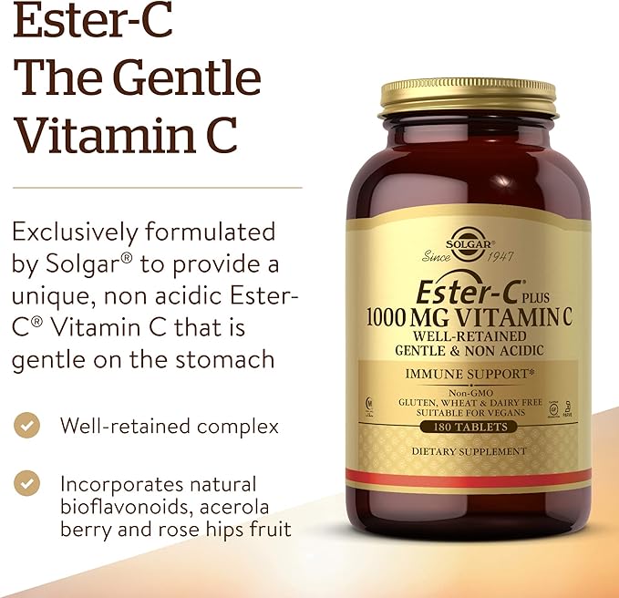 Solgar Ester-C Plus 1000 mg Vitamin C (Ascorbate Complex) - 180 Tablets - Gentle & Non Acidic - Supports Upper Respiratory Health - Non-GMO, Gluten-Free - 180 Servings