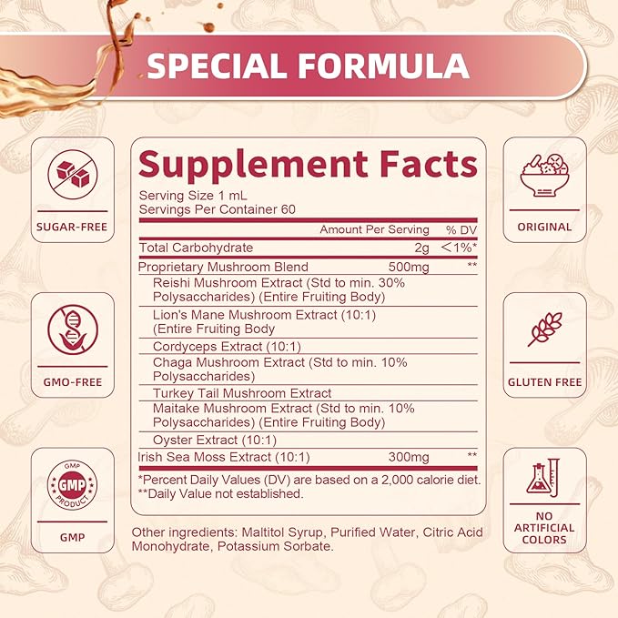 Lions Mane Supplement Mushroom Drops with 6-Mushroom Complex & Irish Sea Moss – Vegan Lion's Mane Liquid for Cognitive Support, Immune & Digestive Health – Dual Extraction, Non-GMO, Strawberry Flavor