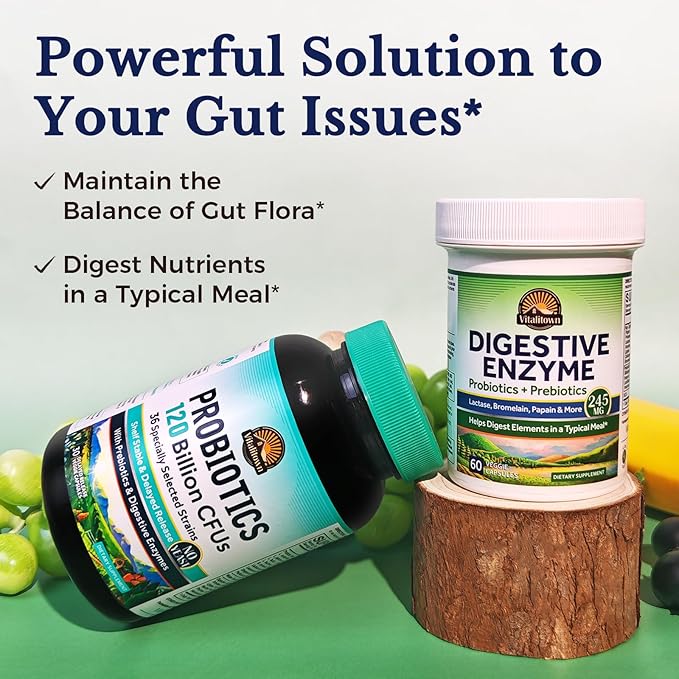 Vitalitown Digestive Enzyme | 3-in-1 Formula | Probiotics + Prebiotics | 60 Veg Caps | 245 mg | Seven Key Enzymes | Bromelain, Lactase | for Digestion | Vegan, Non-GMO