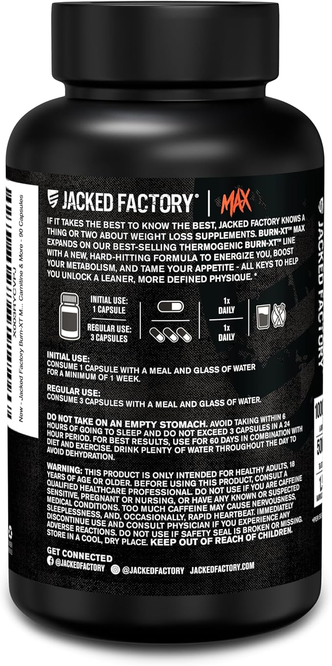Jacked Factory Burn-XT Max - High-Performance Thermogenic Fat Burner & Appetite Suppressant for Weight Loss w/PurCaf Organic Caffeine, MitoBurn, Green Tea, Acetyl L Carnitine & More - 90 Capsules