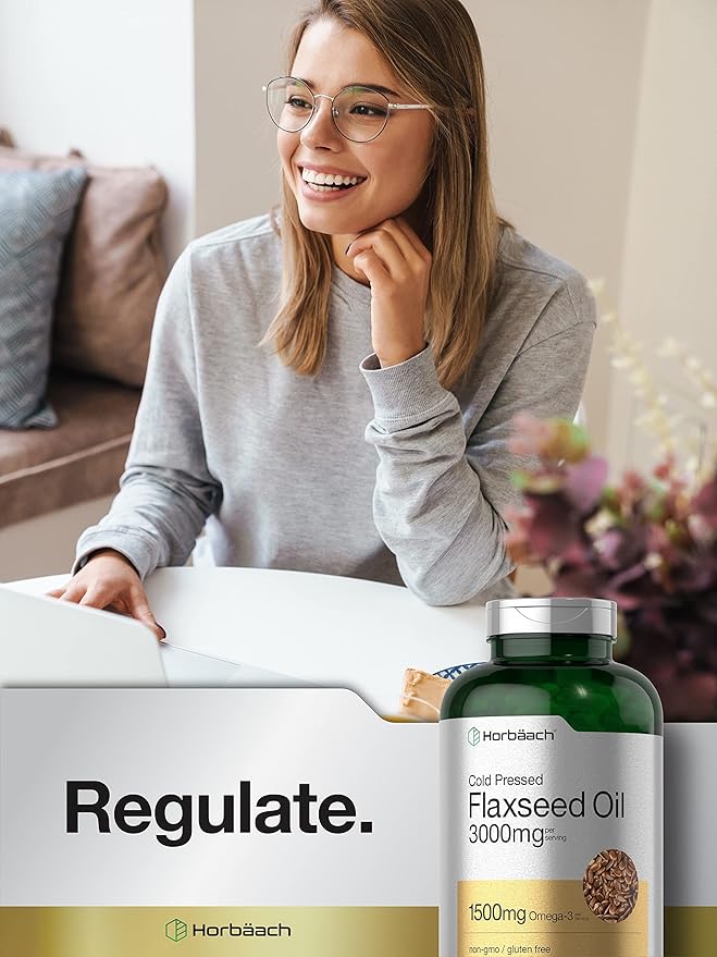 Horbäach Flax Seed Oil Softgels 3000mg | 300 Capsules | Cold Pressed | with Omega 3 6 9 | Alpha-Linolenic, Linoleic, and Oleic Acid | High Potency | Non-GMO & Gluten Free Supplement