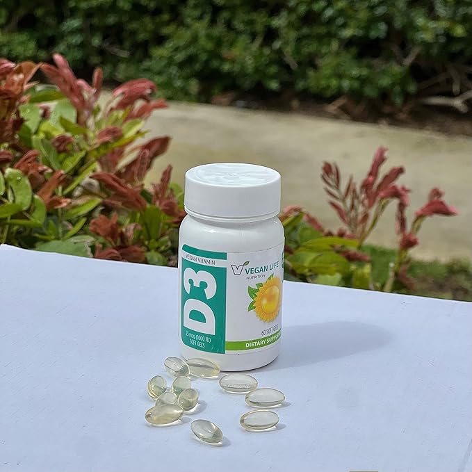Vegan Life Nutrition - Vitamin D3 Daily Capsules for Adults (1000 IU) - Gluten-Free, Non-GMO, Supports Bone Health and Immune System - 60 Capsules