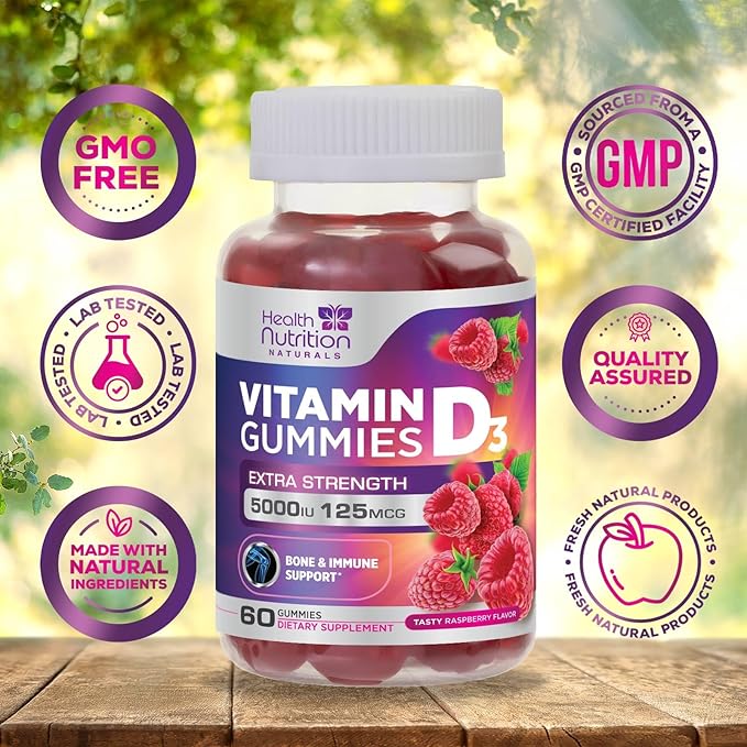 Vitamin D3 Gummies Extra Strength 5000 IU (125 mcg) - Immune Support, Bone, Teeth and Muscle Vitamin D Gummy Dietary Supplement, Nature's Berry Vitamin D Supplement, Raspberry, Non-GMO - 60 Gummies