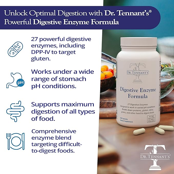 Dr. Tennant's Digestive Enzymes | GERD, Heartburn & Acid Reflux Relief | Supports Gut Health & Bloating Relief | 2X DPP-IV Enzyme for Gluten Digestion | 200 Capsules