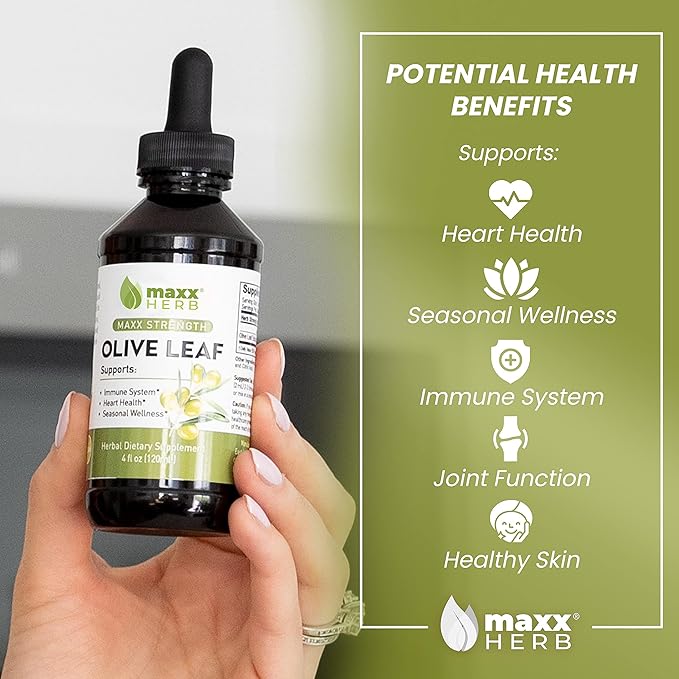 Maxx Herb Olive Leaf Extract – Max Strength Oleuropein Liquid Absorbs Better Than Capsules or Tea, for Immune Support, Heart Health, and Seasonal Wellness - 4 Bottles, 4 Oz Each (240 Servings)