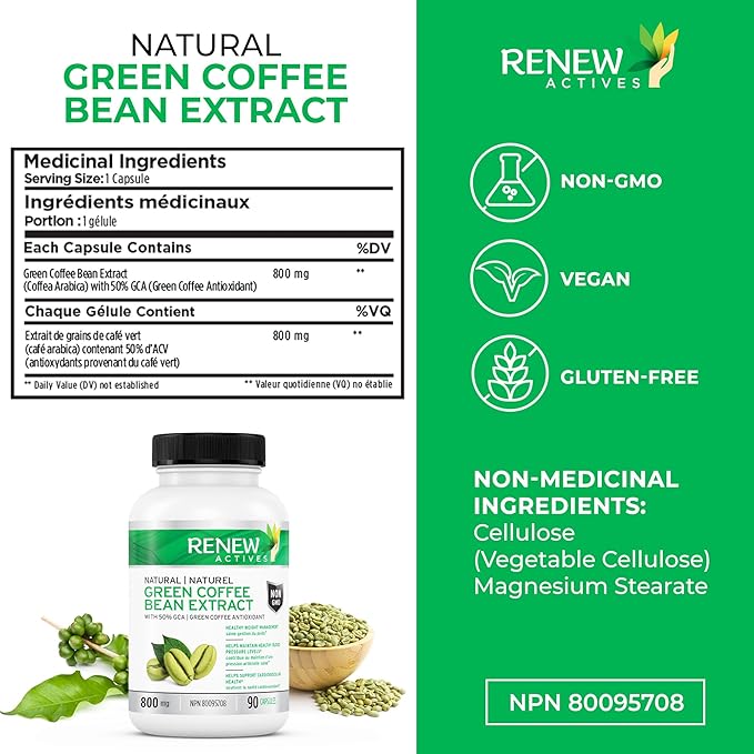 Renew Actives High Potency Green Coffee Bean Extract - 800mg per Serving Green Coffee Bean Extract with 50% Chlorogenic Acid for Antioxidant Benefits - Made in Canada - 90 Vegan Capsules