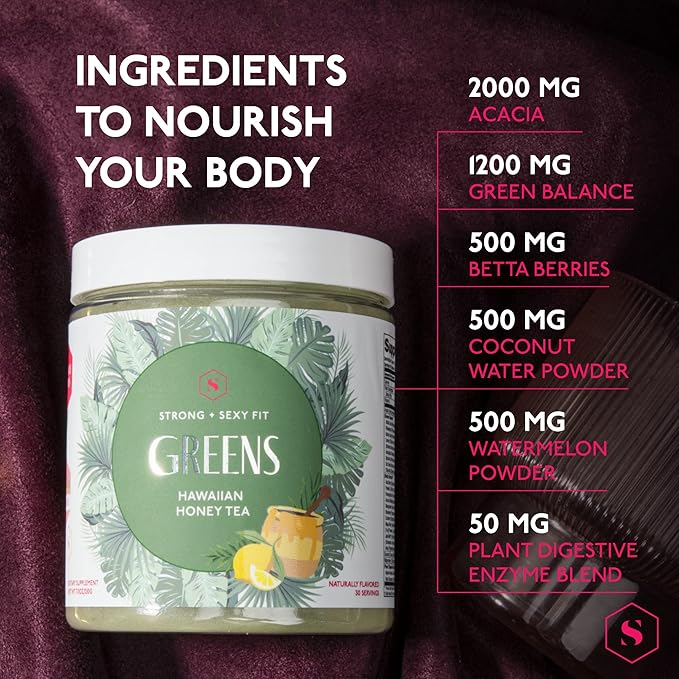 Strong + Sexy Fit Greens Powder, Green Juice Mix for Gut Health, Energy & Immune Support, Fruit and Veggies Supplement with Wheat Grass, Digestive Enzyme, Vitamin C, Electrolytes, Barley, 30 SVG