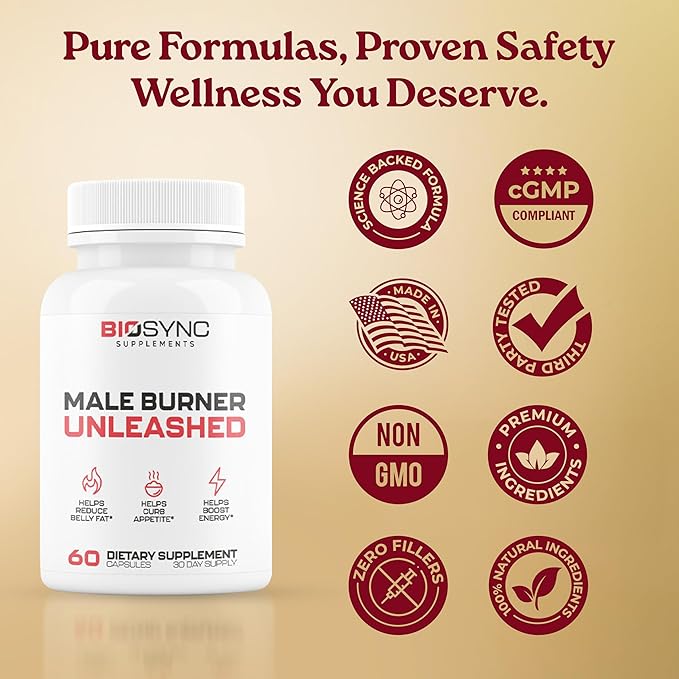 BioSync - Male Burner UNLEASHED | Fat Burner for Men Weight Loss Pills | Appetite Suppressant, Carb Blocker, Energy Booster | 6 Ultra Dosed Powerful Ingredients | Safe 3rd Party Tested - 60 Capsules