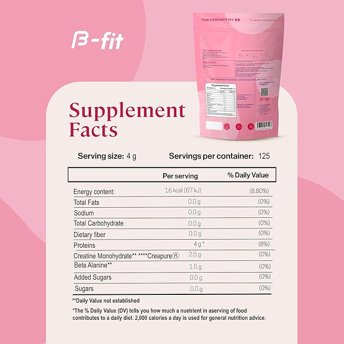 Creabet Creatine Monohydrate for Women - Creapure - Creatine Monohydrate Powder with Beta-Alanine 500g - Pre Workout Supplement - 125 Servings +4 Months Supply - Unflavored
