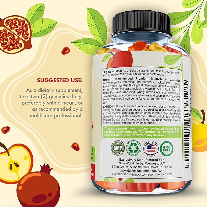 Premium Multivitamin Gummies for Toddlers & Kids - Chewable Essential Daily Vitamins A, C, D3, E, B6, B12, Biotin - No High-Fructose-Corn-Syrup or Artificial Sweeteners - 60 Gummies, 30-Day Supply