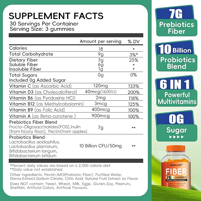Sugar Free Prebiotic Fiber Gummies for Adult-7G Fiber–Fiber Supplement with Inulin, Probiotic, Vitamins for Digestive & Gut Health and Regularity Support, Orange Flavor, 180 Gummies(Pack of 2)