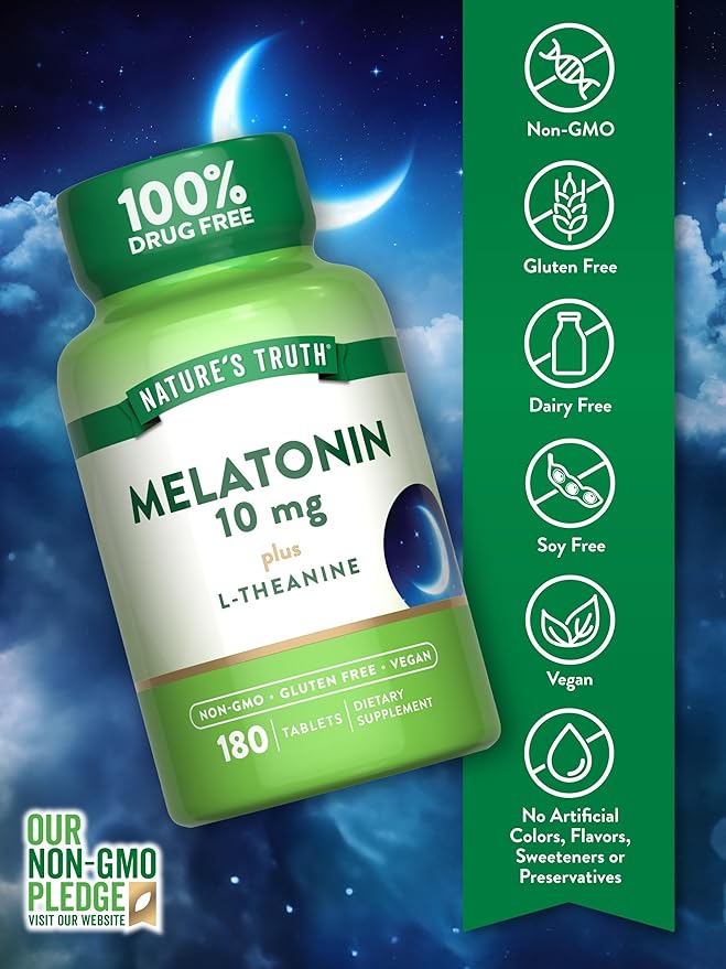 Nature's Truth Melatonin Tablets | 10mg | 180 Count | with L-Theanine | 100% Drug Free Supplement for Adults | Vegan, Non-GMO & Gluten Free Supplement