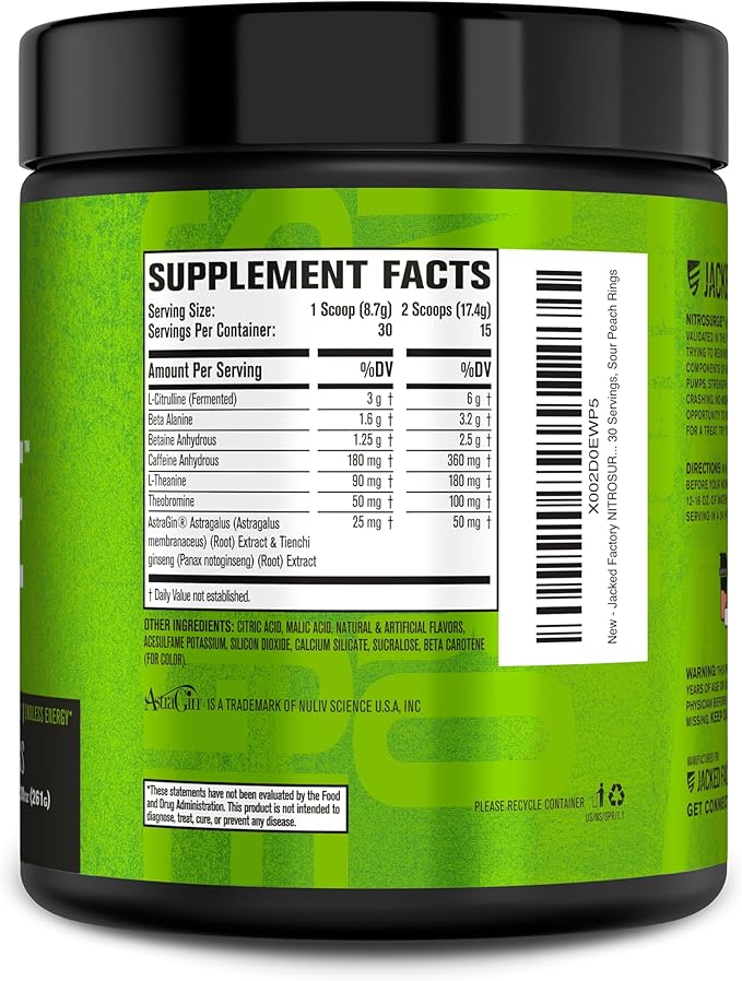 Jacked Factory NITROSURGE Pre Workout Supplement - Endless Energy, Instant Strength Gains, Clear Focus, Intense Pump - NO Booster & Preworkout Powder with Beta Alanine - 30 Servings, Sour Peach Rings