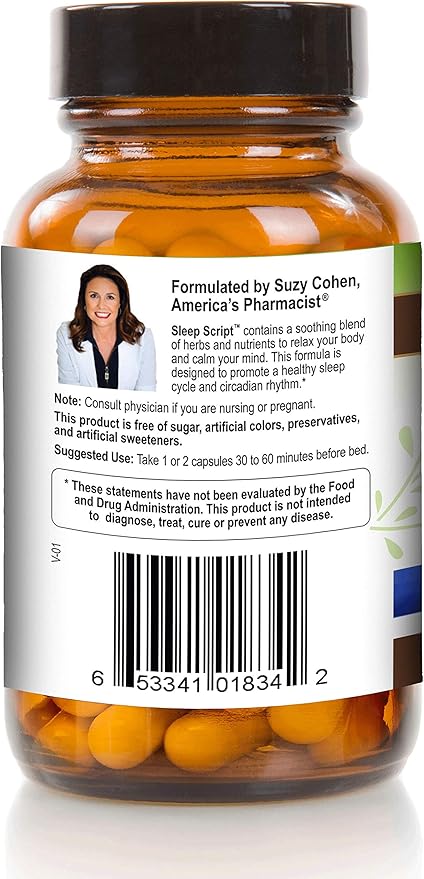 Suzy Cohen Sleep Script with Melatonin - Botanical Sleep and Relaxation Formula for Adults for Mood, Stress and Sleep, Contains 5-HTP, L-theanine, Passionflower, Lemon Balm and GABA 60 Capsules.