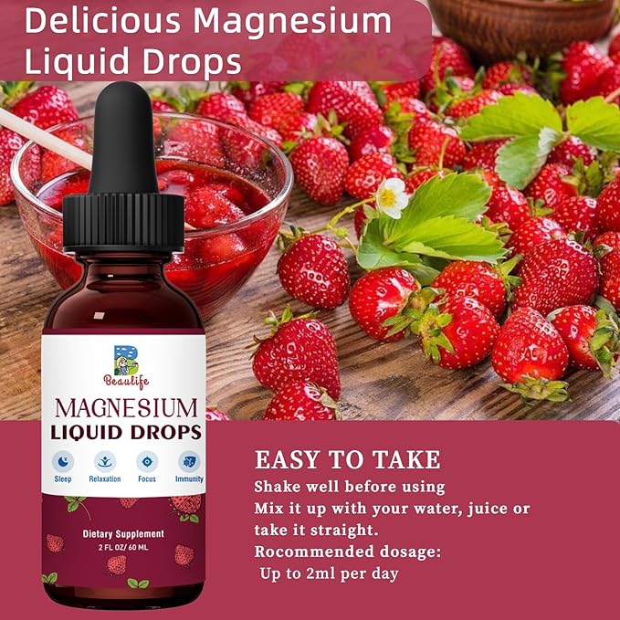 Magnesium Liquid Drop, 1000mg Magnesium Supplement,with Magnesium Glycinate & Citrate, Strawberry Flavor, Calm Mood, Sleep ,Relaxation, Immune, Heart for Adults and Kids