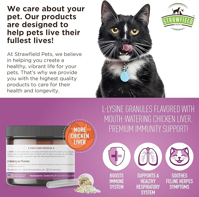 Strawfield Pets L-Lysine Immune Support for Cats & Kittens - 200g Chicken Liver Flavor Granules with Scoop, Immune Health Supplement Cat Cold Relief, Sneezing, Congestion, Running Nose, Watery Eyes