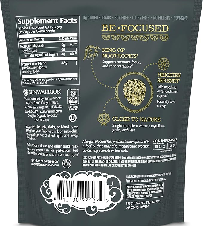 Sunwarrior Lions Mane Supplement Organic Mushroom Powder | Lion's Mane Powder Focus Supplement Mushroom Tea | 150g Pouch 60 Servings | Be Well