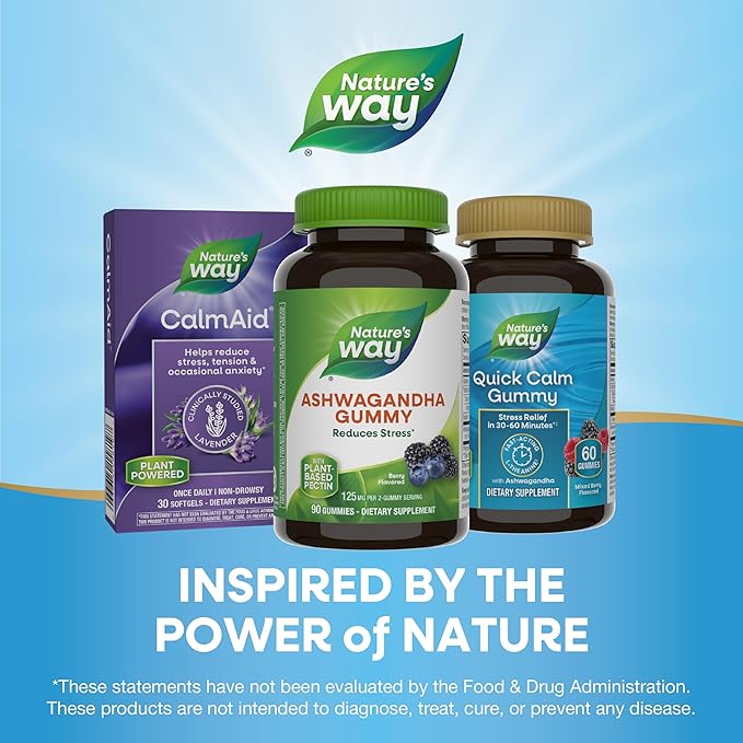 Nature's Way Ashwagandha Gummies, Reduce Stress with Adaptogenic Herb*, 125 mg Per 2-gummy Serving, Berry Flavored, 90 Gummies (Packaging May Vary)