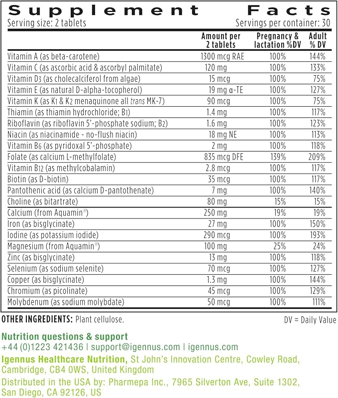 Igennus Methylated Prenatal Multivitamin for Women, Folate for MTHFR, High Absorption, Clean Label, Gentle Iron, Choline, Calcium & Magnesium, Vegan Pregnancy Vitamins, Halal, Non-GMO, 60 Tablets x6