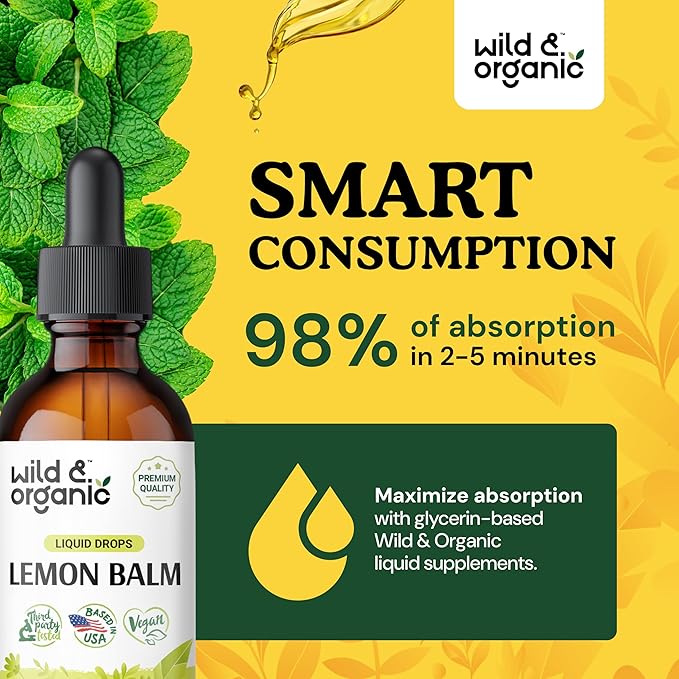 Wild & Organic Lemon Balm Drops - Relaxing Lemon Balm Leaf Extract Supplement - Calming Melissa Officinalis Tincture - Vegan, Sugar & Alcohol-Free - 2 fl oz