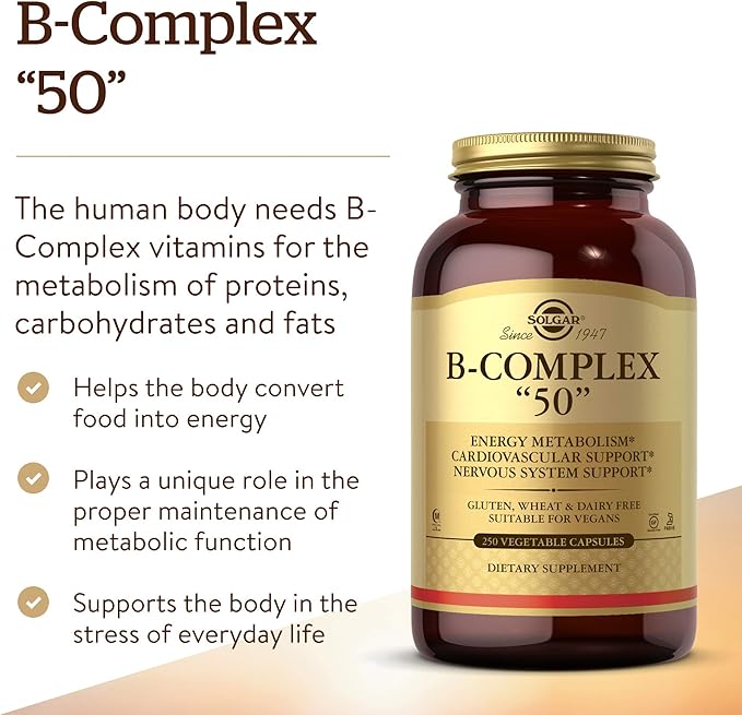 Solgar B-Complex “50”, 250 Vegetable Capsules - Energy Metabolism, Cardiovascular Support, Nervous System Support - Non-GMO, Vegan, Gluten Free, Dairy Free, Kosher, Halal - 250 Servings