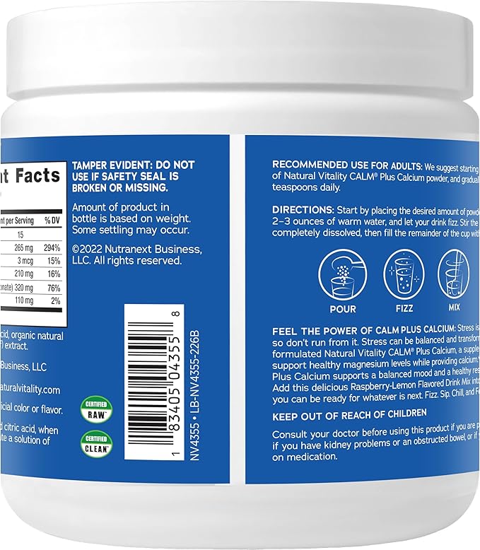 Natural Vitality CALM Magnesium Supplement Drink Mix Plus Calcium, Anti-Stress Drink Mix Powder, With Calcium, Vegetarian & Non-GMO, Raspberry Lemon, 8 oz