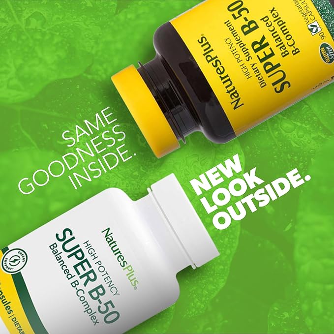 Natures Plus Super B50-90 Vegetarian Capsules - High Potency B Complex Vitamin Supplement - Brain & Energy Booster - Gluten-Free - 90 Servings