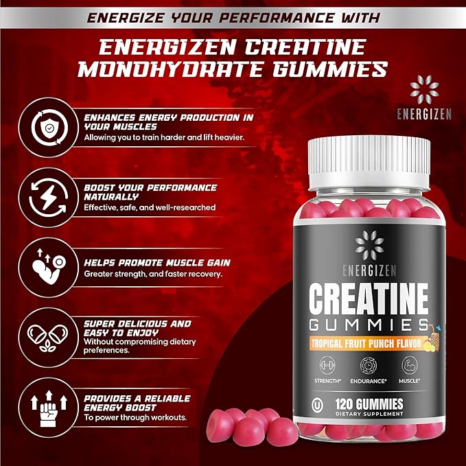 Creatine Monohydrate Gummies – Tropical Fruit Punch Flavor | 5g Creatine Per Serving | Vegetarian, Kosher, Halal, Gluten-Free, Gelatin-Free, Natural Flavors & Colors.