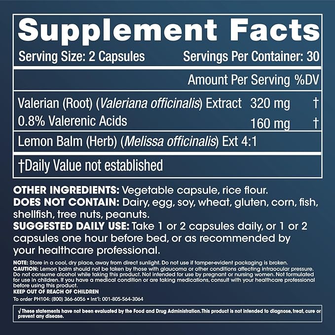 ProHealth Valerian Extract + Lemon Balm (60 Capsules) 160 mg Valerian + 80 mg Lemon Balm | Relaxation & Sleep Support | No Morning Grogginess | Vegan | Gluten Free | Soy Free