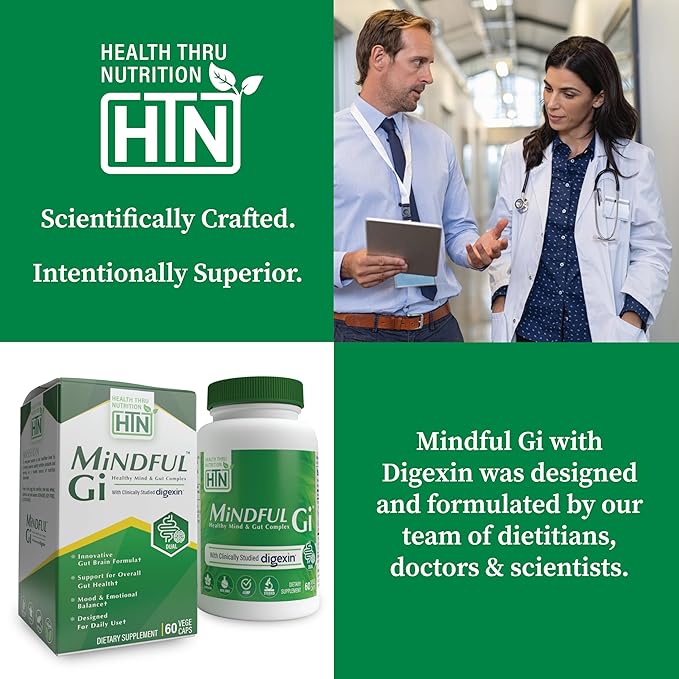 Health Thru Nutrition Mindful GI - Healthy Mind & Gut Complex | with Digexin, Magnesium, L-Glutamine, and Probiotic for Gut-Brain Axis Support | Regularity, Bloating, Calmness Supplement