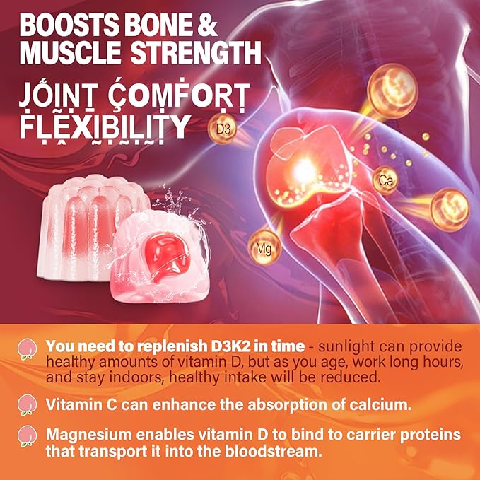 Vitamin D3 K2 Filled Gummies 5000IU / 10,000 IU with 500mg Calcium + K2(MK-7) 200mcg, Magnesium, Vitamin C & Zinc, Extra Strength - Ultimate Absorbency for Bones Muscles Teeth, Vegan -- Pack of 2